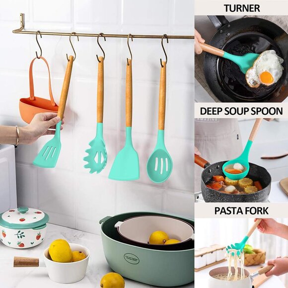 33 pcs Non-Stick Silicone Cooking Kitchen Utensil Spatula Green Set with Holder - Picture 7 of 9